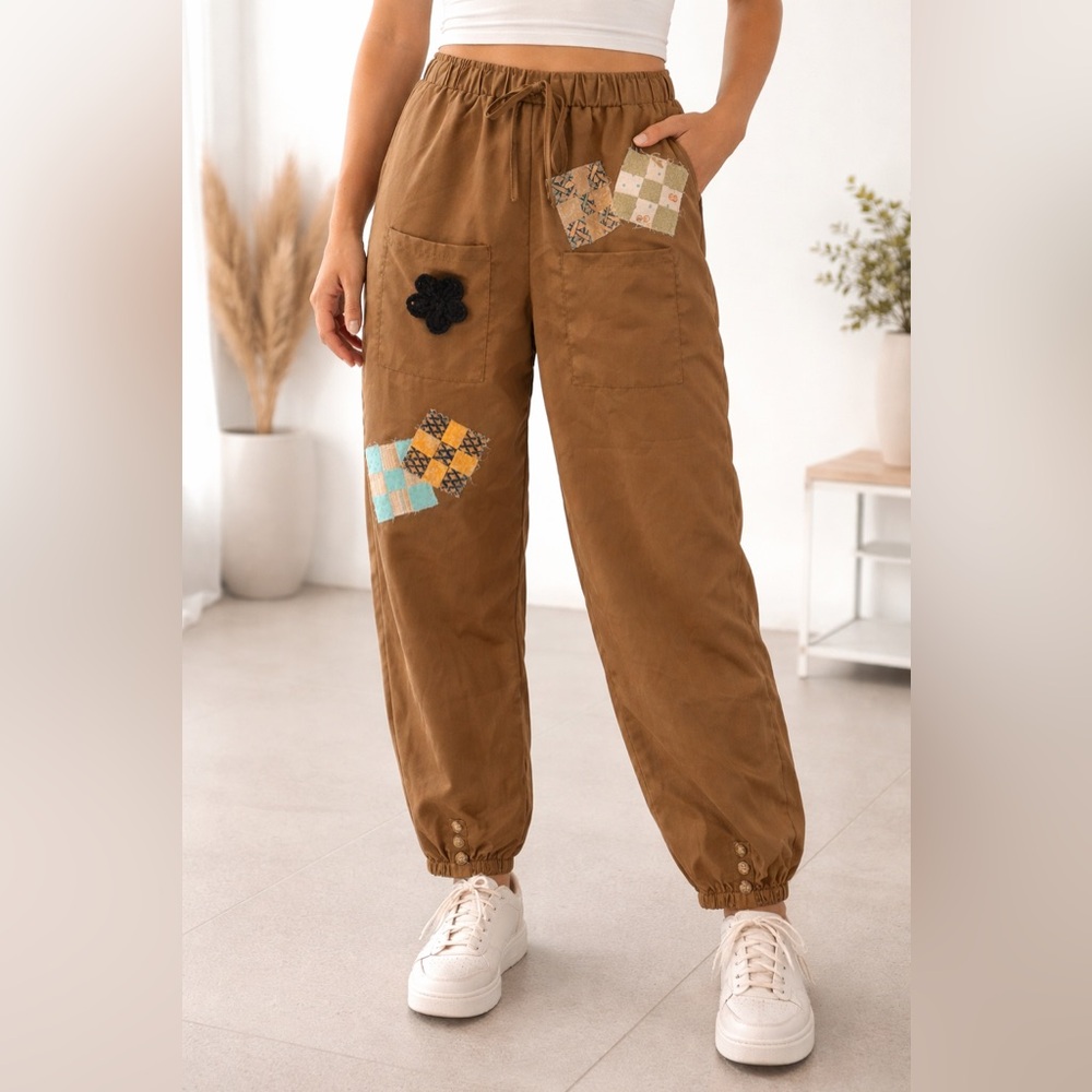 Upcycled joggers w/ patchwork details. - image 2